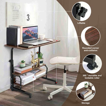 Adjustable Table Student Computer Desk Portable Home Office Furniture Small Spaces Sofa Bedroom Bedside Learn Play Game Desk on Wheels Movable with Storage Size 31.5 * 15.7 Inch Brown A