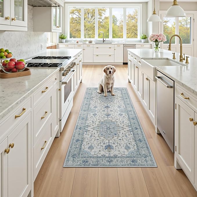 RELEANY Area Rugs Runner 2'6"x8' Washable Non-Slip, Floral Vintage Distress Medallion Carpet for Kitchen Hallway Bedroom Beside Laundry Room Bathroom, Light Blue Navy Gray White