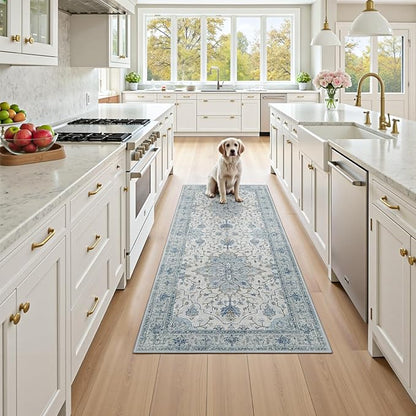 RELEANY Area Rugs Runner 2'x5' Washable Non-Slip, Floral Vintage Distress Medallion Carpet for Kitchen Hallway Bedroom Beside Laundry Room Bathroom, Light Blue Navy Gray White