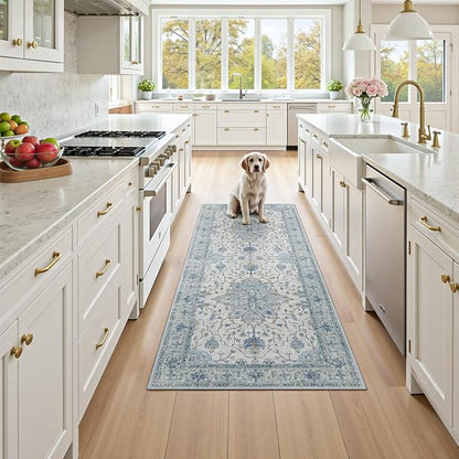RELEANY Area Rugs Runner 3'x8' Washable Non-Slip, Floral Vintage Distress Medallion Carpet for Kitchen Hallway Bedroom Beside Laundry Room Bathroom, Light Blue Navy Gray White