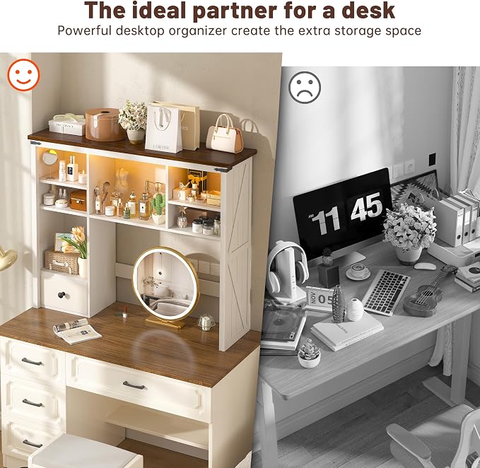 EnHomee 38" Wooden Desk Shelf for Top of Desk with LED Lights, Adjustable Desk Hutch Dorm with Drawer & 8 Shelves, Desktop Bookshelf for Dorm, Home, Office,White