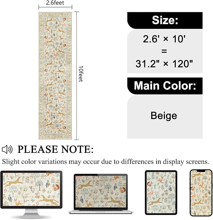 DUKINO Washable 2.6x10 Runner Rug, Non Slip Animal Print Runner Rug for Hallway, Vintage Low Pile & Stain Resistant Soft Indoor Carpet Runner for Kitchen, Bathroom, Laundry, Bedroom, Beige