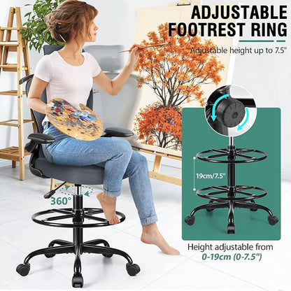 Drafting Chair, Tall Office Chair with 3D Lumbar & Head Support, Ergonomic Mesh Standing Desk Chair with Footring, Comfy Extended High Desk Chair with Flip-Up Arms & Hanger,Dark Gray