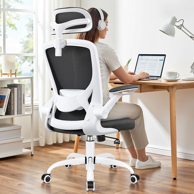 BESTFAIR Office Chair Ergonomic Desk Chair, Breathable Mesh Office Chairs with Adjustable Lumbar Support, Flip-Up Arms, Computer Desk Chair Comfy for Home Office, White