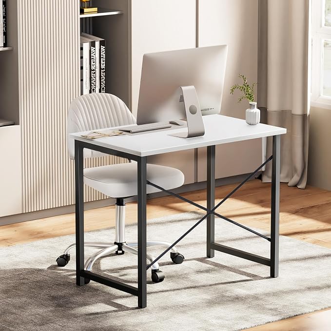 OLIXIS 55 Inch Computer Office Desk for Small Spaces, Writing Gaming Work Desk Modern Study Table with Metal Frame Home Bedroom, White