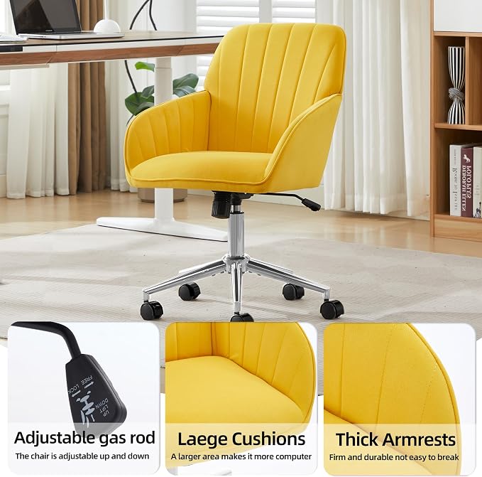 YITAI Velvet Office Desk Chair with Silver Foot Base, with Wheels,Modern Height Adjustable 360 Degree Swivel Upholstered Vanity Chairs with Arms for Living Room Bedroom,Yellow