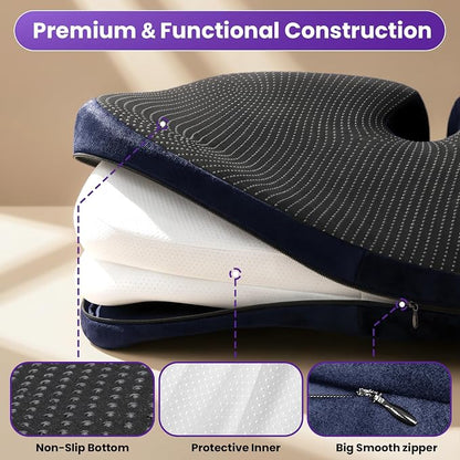 ZZ-WELL Seat Cushions for Office Chairs, Patented Pressure Relief Coccyx Cushion for Tailbone Pain, Memory Foam Butt Pillows for Wheelchair Car Sitting, Carrying Handle, Non-Slip (Navy Blue, Large)
