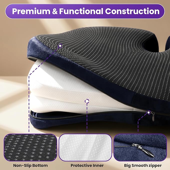 ZZ-WELL Seat Cushions for Office Chairs, Coccyx Cushion for Tailbone Pain Pressure Relief, Memory Foam Butt Pillows for Long Sitting, Patented Design, Extra Large & Thick, 21.2 Inches (Navy Blue)
