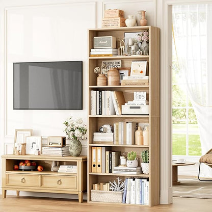 FOTOSOK 6-Tier Open Bookcase and Bookshelf, Freestanding Display Storage Shelves Tall Bookcase for Bedroom, Living Room and Office,Light Oak Set of 2