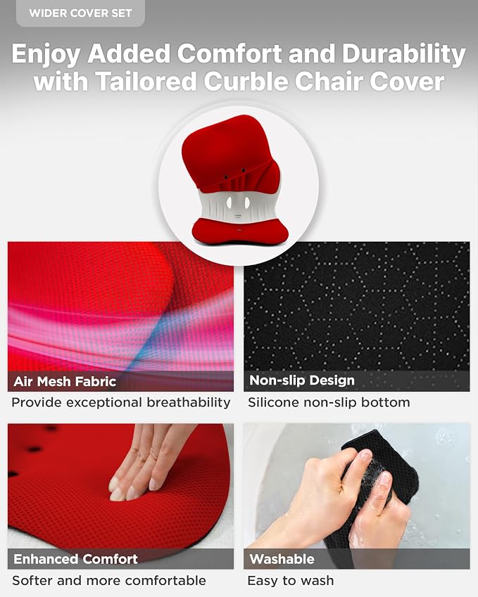 curble Wider – Ergonomic Desk Chair Seat Cushion, Everyday Passive Posture Trainer for Work from Home, Office & Car, Breathable Lumbar Support (Red)
