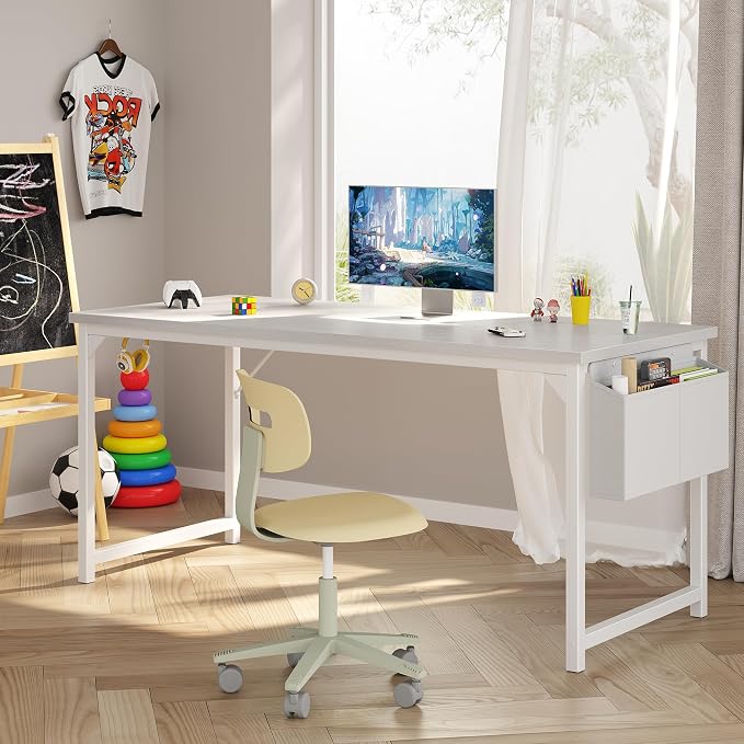 OLIXIS 63 Inch Computer Desk for Home Office, Writing Study Craft Gaming Table, Modern Computer Workstation with Storage Bag and Headphone Hook for Bedroom Small Spaces, White