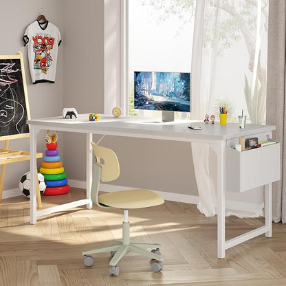 OLIXIS 63 Inch Computer Desk for Home Office, Writing Study Craft Gaming Table, Modern Computer Workstation with Storage Bag and Headphone Hook for Bedroom Small Spaces, White