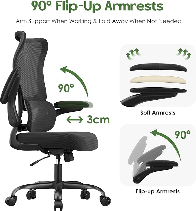 Office Chair Ergonomic Desk Chair - Comfy Mesh High Back Office Chair with Lumbar Support Wheel Home Desk Office Chairs Flip up Armrest Executive Rolling Swivel Task Computer Chair Black Silver