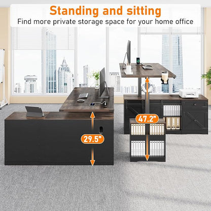 St.Mandyu 63" L Shaped Electric Standing Desk with File Drawer & Sliding Door, Height Adjustable Sit Stand Corner Computer Desk with Power Outlets, Drawers & Cup Holder for Home Office, Black