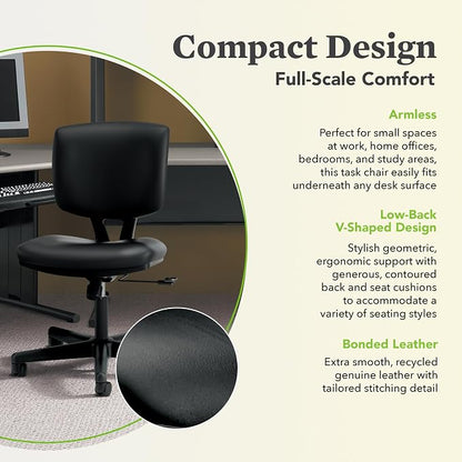 HON Volt Ergonomic Office Chair with Bonded Leather Seat and Back, Armless Desk and Computer Chair with Adjustable Center‑Tilt Recline and Wheels for Home Office or Workstation, Black