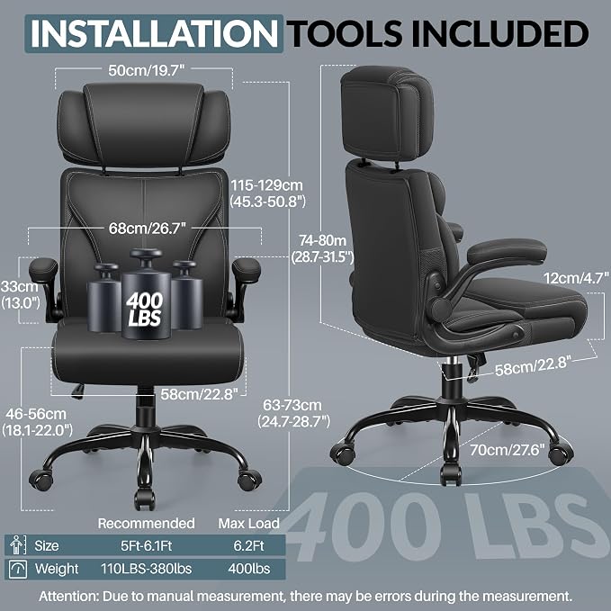 Office Chair, Ergonomic Big and Tall Computer Desk Chair with Retractable Adjustable Headrest, Executive Breathable Leather Chair, Lumbar Support Swivel Flip-up Armrests Rocking Function,Matte Black