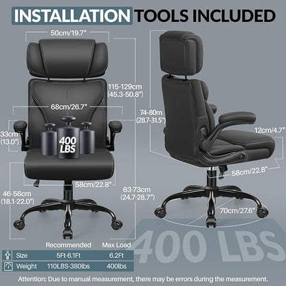 Office Chair, Ergonomic Big and Tall Computer Desk Chair with Retractable Adjustable Headrest, Executive Breathable Leather Chair, Lumbar Support Swivel Flip-up Armrests Rocking Function,Matte Black