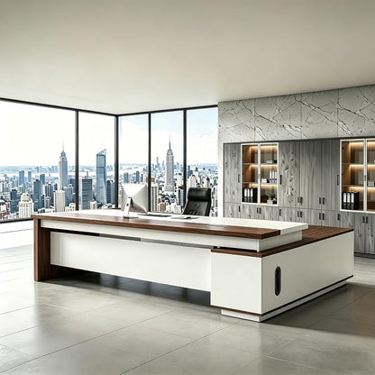 L Shaped Executive Desk with Drawers, Modern Large Wood Home Office Desk, Computer Desk with Storage for Boss Office Workstation