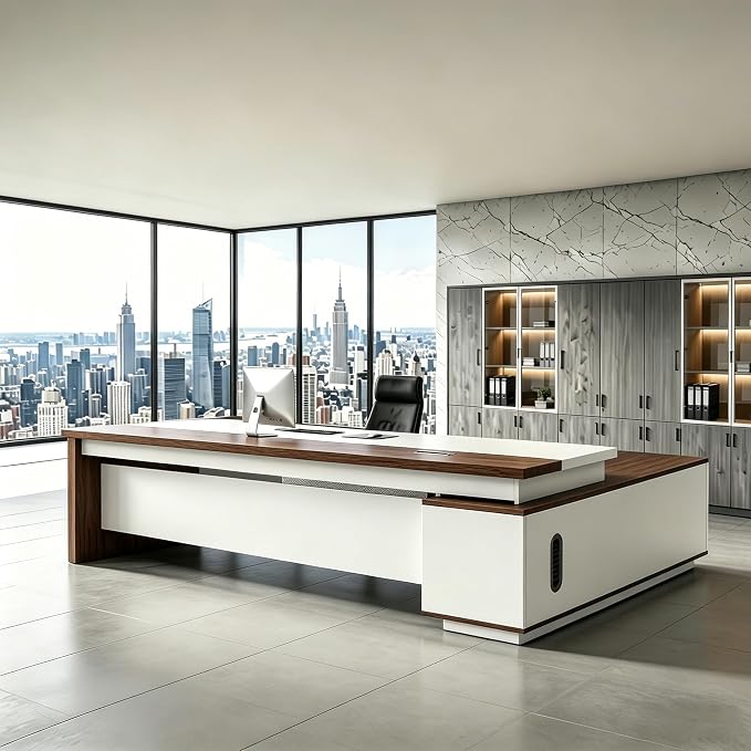 L Shaped Executive Desk with Drawers, Modern Large Wood Home Office Desk, Computer Desk with Storage for Boss Office Workstation