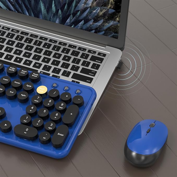 MPTOG Colorful Wireless Computer Keyboard and Mouse Combo with Round Typewriter Keycaps, Retro Design, Power Switch, Ergonomic Design, 2.4GHz Wireless for Windows, Mac, PC(Black-Blue)
