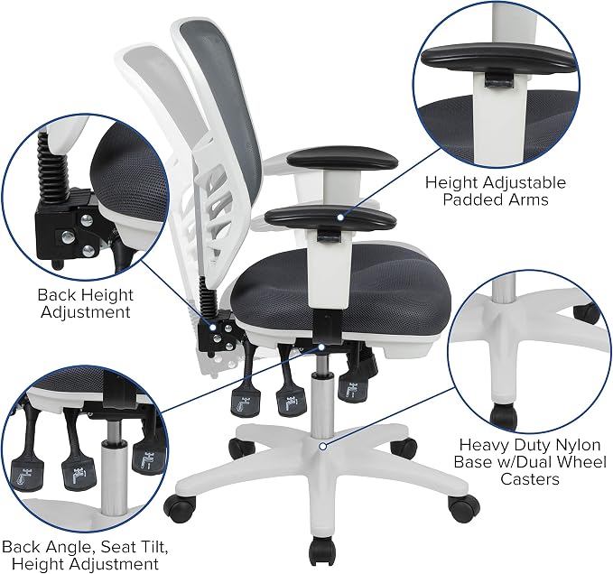 Flash Furniture Nicholas Mid-Back Swivel Office and Gaming Chair, Ergonomic Mesh Office Chair with Adjustable Lumbar Support and Height, Gray/White