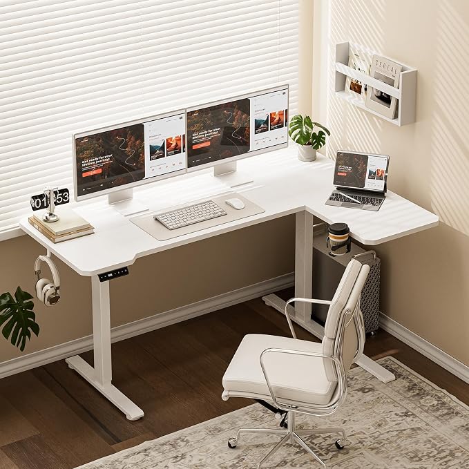 Acrolix L Shaped Electric Standing Desk - 51x31.5 Inch Reversible Corner Sit Stand Desk with Hook&Cup Holder,Electric Height Adjustable Table,for Small Home Office&Bedroom Computer Desk, White