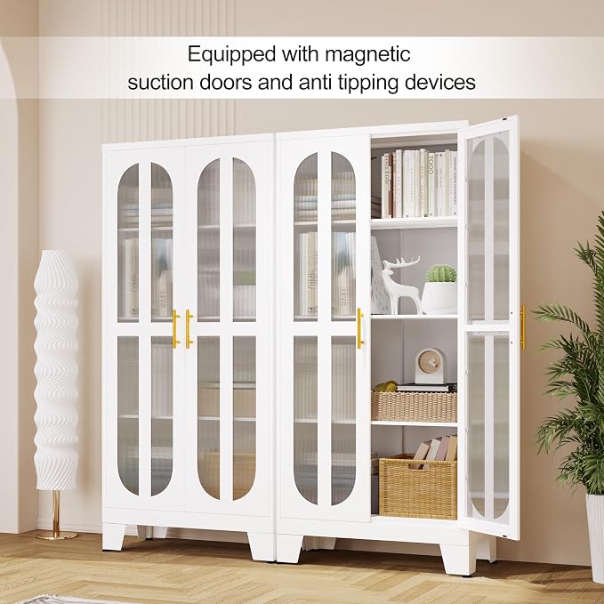 PAOFIN 61.02" Metal Display Storage Cabinet,Tall Kitchen Pantry Cabinets with Acrylic Glass Doors and Adjustable Shelves,Freestanding Storage Cupboard for Kitchen, Living Room(White)