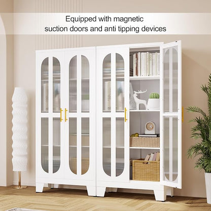 PAOFIN 61.02" Metal Display Storage Cabinet,Tall Kitchen Pantry Cabinets with Acrylic Glass Doors and Adjustable Shelves,Freestanding Storage Cupboard for Kitchen, Living Room(White)