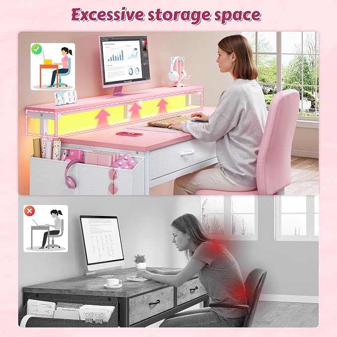 DurayLoly 47.3 Inch Office Computer Desk with LED Lights & 2 Fabric Drawers, Gaming Desk with Side Pocket & Ergonomic Monitor Stand, Small Space Study Writing Table with Anti-Tip Design,Pink
