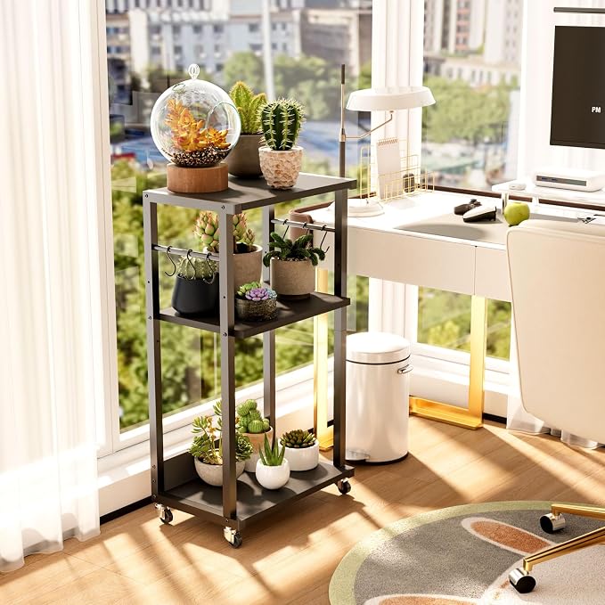 YMYNY Mobile Printer Stand, 3-Tier Printer Cart with Adjustable Storage Shelf and 6 S-Hooks, Tall Printer Table for Home Office, for Computer Tower Stand, Shredder, CPU Stand, Black, UHPT002B