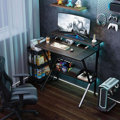COTUBLR Small Desk, 27.5 Inch Small Computer Desk for Small Spaces, Computer Desk with Adjustable Monitor Stand, Compact Desk with Storage, Tiny Desk Study Desk for Bedroom Home Office, Black
