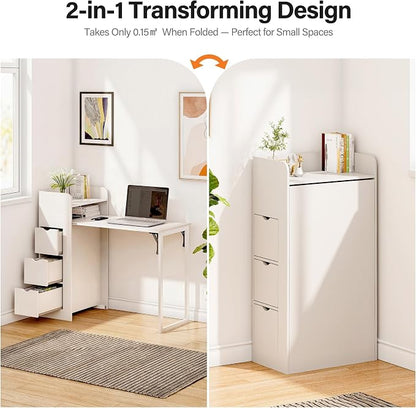 LAUSAINT HOME Wall Mounted Foldable Desk, Space Saving Hidden Desk with Storage & Power Outlet, Fold Out Table for Small Spaces, Home Office Bedroom, White