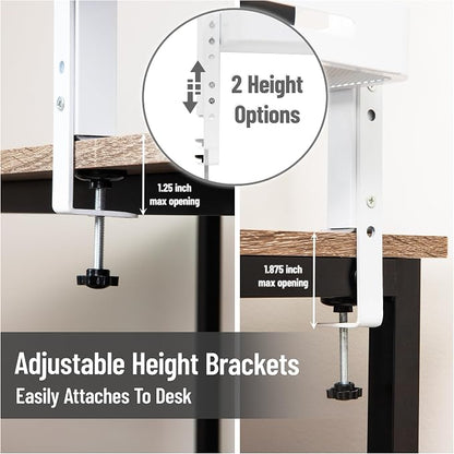 Mind Reader 2-Tier Desk Organizer with Clamp, Accessory Shelf for Office or Gaming, Office, Metal, White