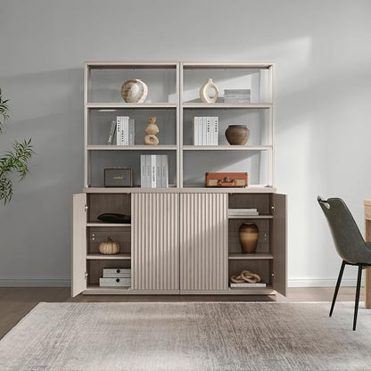 SICOTAS Book Shelf Fluted Bookshelf Cabinet - 75" Tall Bookcase 6 Tier Large Bookshelves with Door Storage Modern Double Wide Book Shelves Case for Living Room Office Library, Metal Frame, White Alder
