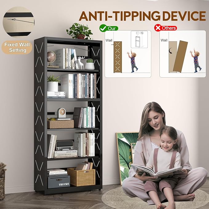 UNICOLY 5 Tier Black Bookshelf, 55" H Tall Bookshelf with 5 Storage Shelves, Heavy Duty Deep Shelves, Open Shelf Bookcase with 5 Bookends, Modern Display Shelves for Books, Toys, CD, W23×D10“