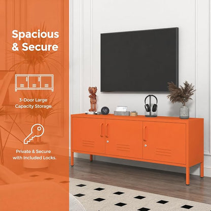 Metal Storage Cabinet with Adjustable Shelves, Wide Lockable TV Stand, Multipurpose Accent Cabinet, Orange Colorful Locker for Home Office Living Room, 22" H x 47.3" x 13.8" D