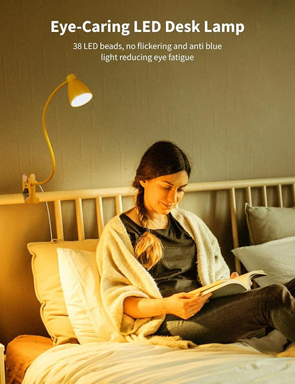 BOHON Clip on Light, Desk Lamp with Clamp, 5 Color 10 Brightness Yellow | Flexible Neck Clip Lamp, 10W 38 LED, Auto Off Timer, Desk Lights for Office Home Bed Bedside Reading, Bright Yellow