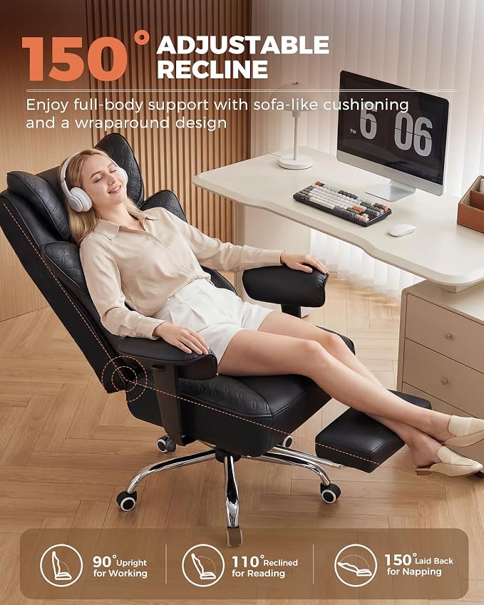 GTPLAYER Big and Tall Office Chair Wide Ergonomic Gaming Chair with Deluxe Embossing Designed Leather with Foot Rest,150°Reclining Adjustable Soft Armrests Pocket Spring Back Support and Pillow