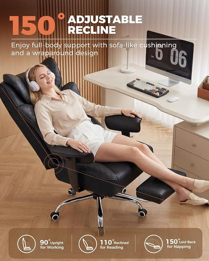 GTPLAYER Big and Tall Office Chair Wide Ergonomic Gaming Chair with Deluxe Embossing Designed Leather with Foot Rest,150°Reclining Adjustable Soft Armrests Pocket Spring Back Support and Pillow