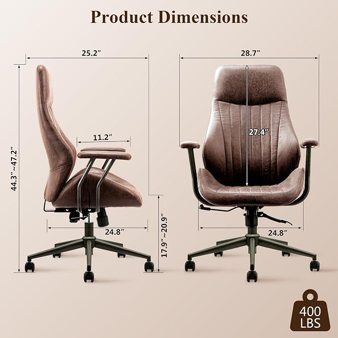 Mid Century Modren Office Chair,High Back Ergonomic Executive Chair with Lumbar Support, Computer Desk Swivel Task Chair with Wheels, Faux Lether Suede Fabric Home Chair (Dark Brown)