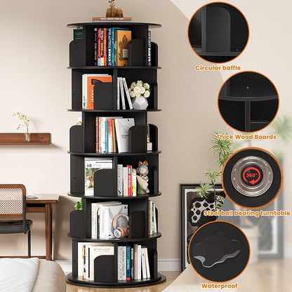 Besiost Rotating Bookshelf Tower, 6 Tier Spinning Bookcase, Revolving 360 Book Shelf Narrow Tall Bookcase, Vertical Turning Round Bookshelf Organizer, Wood Corner Bookshelf for Small Space, Black