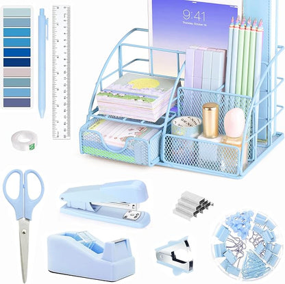 Scindaly Blue Office Desk Accessories Supplies, 10pcs Desk Organizers and Accessories with Tape Dispenser and Stapler,Staples,Scissor,Ruler,Sticky Tabs,Tape,Ballpoint Pen,Clips Set