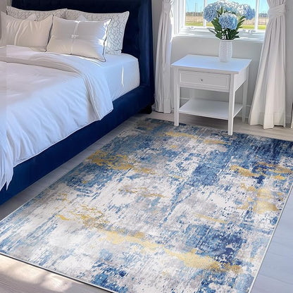 RELEANY Washable Area Rugs 4'x6' Non-Slip Modern Abstract Soft for Living Room Entryway Bedroom Kitchen, Print Pattern, Grey Blue Gold/Golden