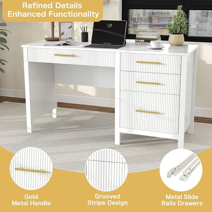 Modern Executive Desk with Drawers: 54 Inch White Home Office Desks with File Drawer, Wood Fluted Desk with Storage, Writing Computer Desks with 4 Drawers