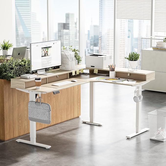 FEZIBO L Shaped Electric Standing Desk, 63 x 48inch Large with Drawers | Reversible Tabletop, 2 Memory Height Settings | Home Office & Gaming Height-Adjustable Table, Light Walnut （2 Packages）