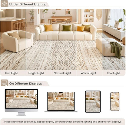 Nakagishi Area Rug Living Room Rugs: 10x12 Large Soft Machine Washable Boho Moroccan FarmNeutral Stain Resistant Indoor Floor Carpet for Bedroom Under Dining Table Home Office Decor-Brown