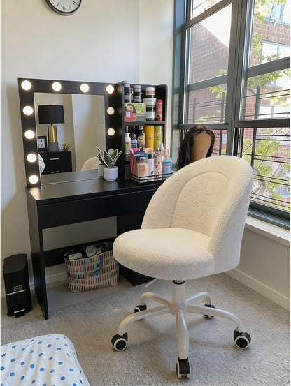 DurayLoly White Vanity Chair with Wheels, Cute Desk Chair with Back, Armless Chair with Height Adjustable & 360° Swivel, Soft Lumbar Support for Small Space, Bedroom