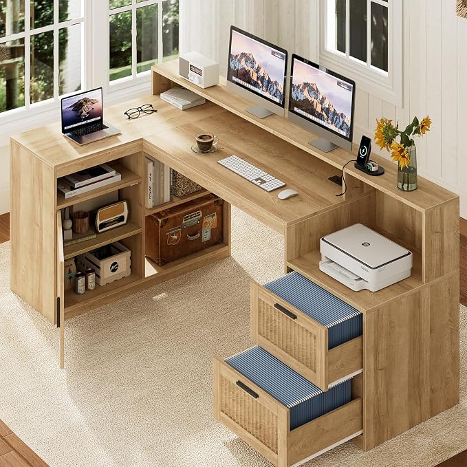 TVU Farmhouse L Shaped Desk with Drawers, 62.2" Home Office Desk with Storage Shelves and Power Outlet, L Shaped Computer Desk with Monitor Stand and Printer Shelf, Oak