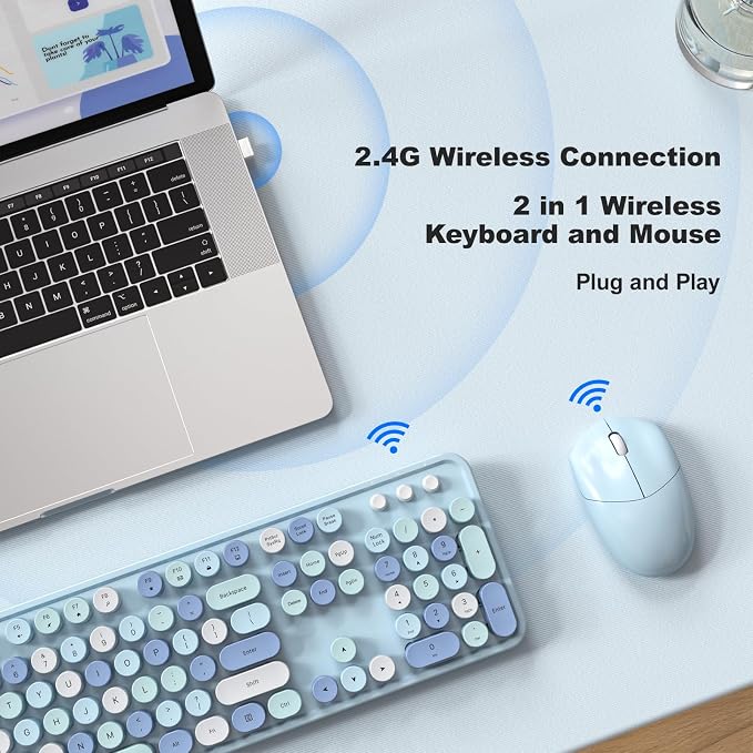 Wireless Keyboard and Mouse Combo, 2.4GHz Retro Full-Size Typewriter Keyboard with Number Pad and Wireless Mouse for PC/Laptop/Desktop/Windows (Pale Blue)