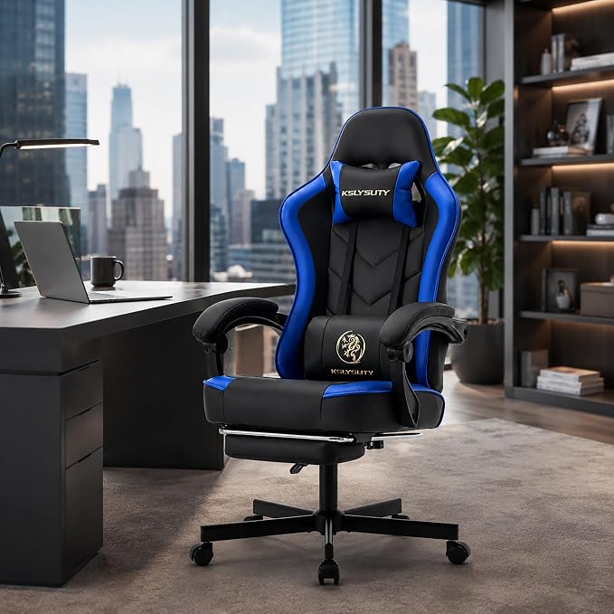 Office Desk Computer Gaming Chair for Adults, Ergonomic High Back Gamer Chair with Massage and Pocket Spring Cushion, Swivel Comfy Video Game Chairs with Footrest and Lumbar Support (Black Blue)